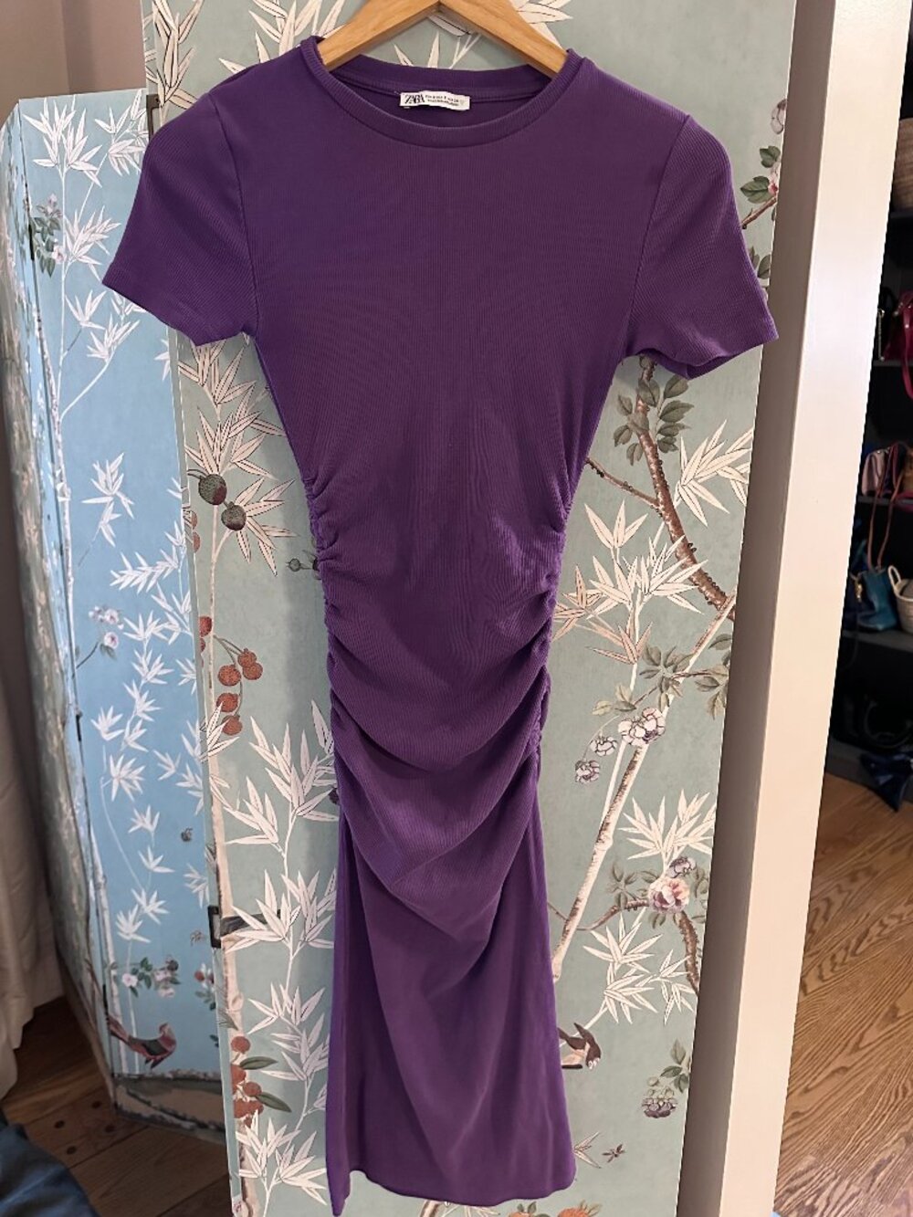 Zara Purple Ribbed Ruched Bodycon Midi Dress Size S